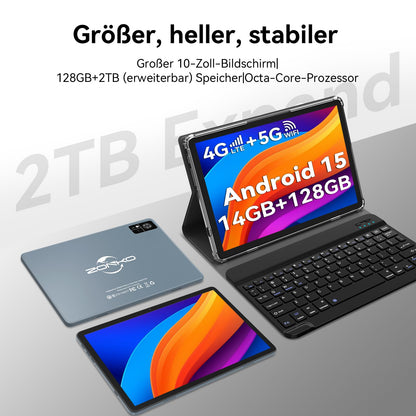 ZONKO 2025 Latest Android 15 Tablet 10 Inch with SIM Slots, 4G LTE Tablets PC 5G WiFi, 14GB RAM+128GB ROM(1TB TF), Octa-Core|8+13 MP|GPS|8000 mAh|Tablet with Keyboard Mouse Stylus, Bluetooth 5.0, GMS (Gray)
