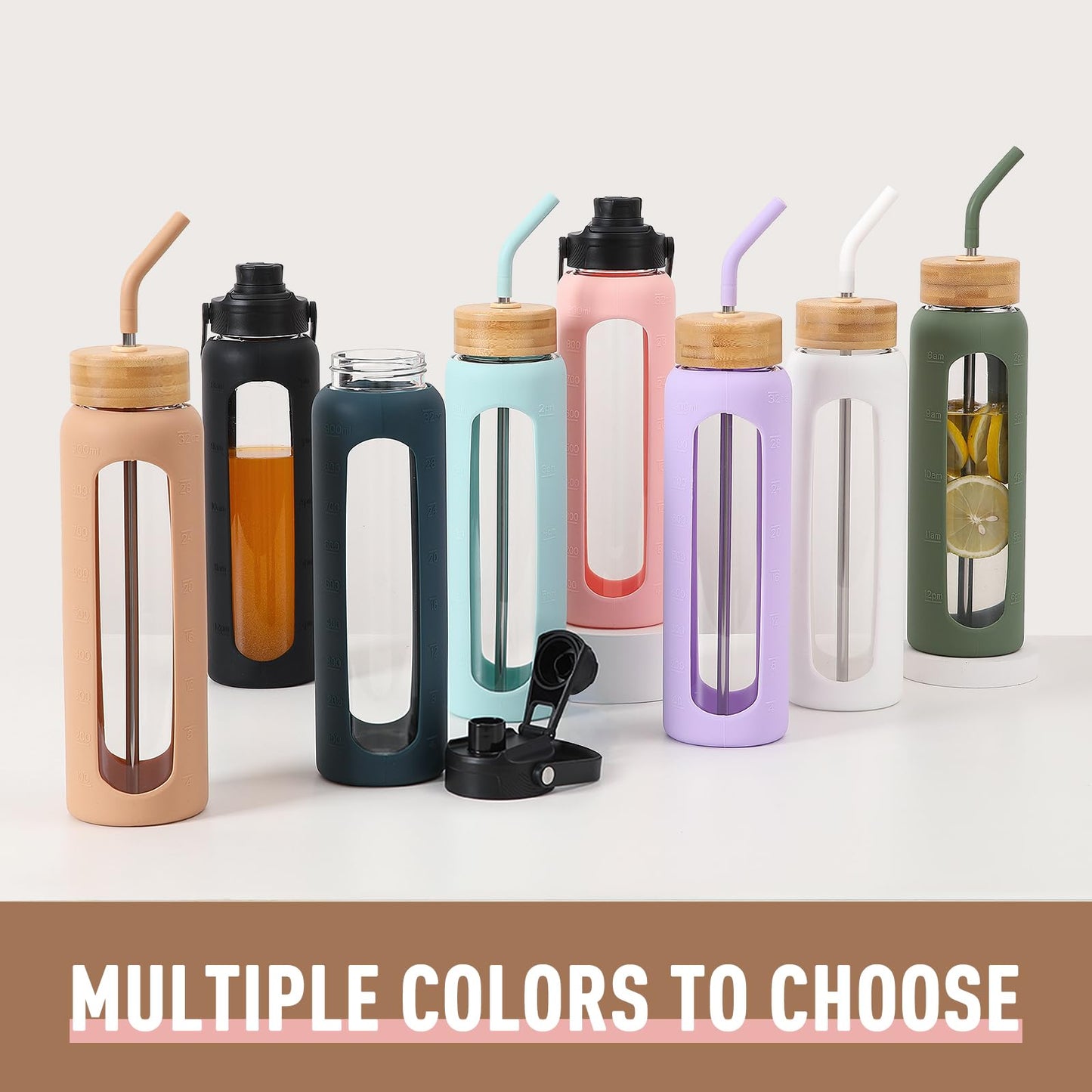 BLUEGO 900ml glass water bottle with straw and 2 lids Glass coffee cup with time markings and silicone sleeve Glass cup for drinks, soda, cola BPA-free, Amber