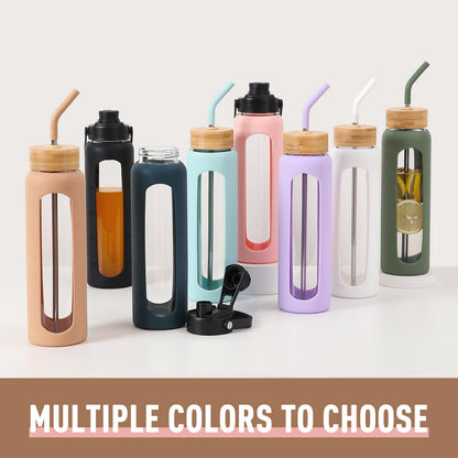 BLUEGO 900ml glass water bottle with straw and 2 lids Glass coffee cup with time markings and silicone sleeve Glass cup for drinks, soda, cola BPA-free, Amber