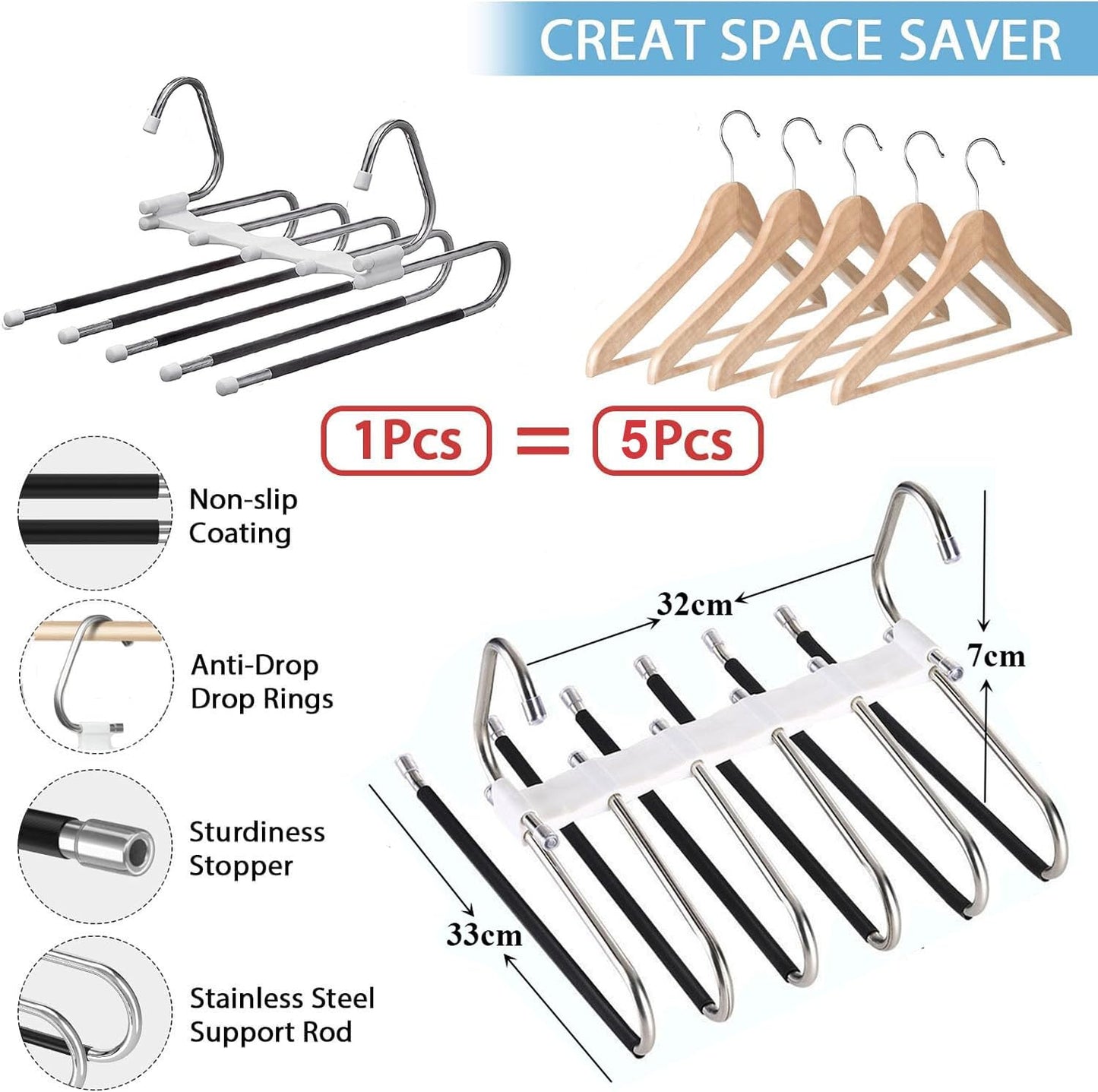 Space-saving 5 IN 1 pants hanger made of stainless steel, extendable for pants, scarfs, jeans, clothing, and towels. Set of 4 - rustproof steel.