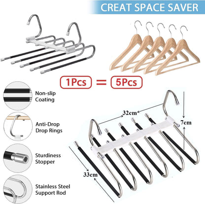 Space-saving 5 IN 1 pants hanger made of stainless steel, extendable for pants, scarfs, jeans, clothing, and towels. Set of 4 - rustproof steel.