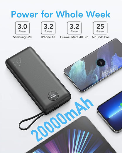 VRURC Powerbank 20000mAh with USB C Cable Portable Charger Fast Charging 22.5W Portable Charger Fast Charging with LED Display External Battery Pack Compatible with iPhone, Huawei, Samsung, etc.