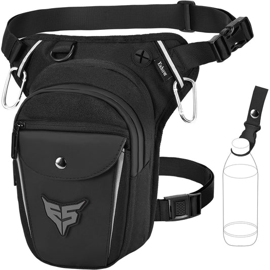 Eshow leg bag motorcycle for men and women, thigh bag waist bag expandable storage space, fanny pack with 1 bottle holder 2 carabiners reflective strips for hiking cycling black