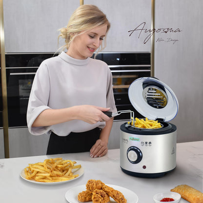 Augosma Mini Deep Fryer With Oil | 850-950W | Capacity: 1 liter | Viewing window | Stainless steel frying basket | Adjustable temperature | Heat insulated | Non-slip rubber feet | White
