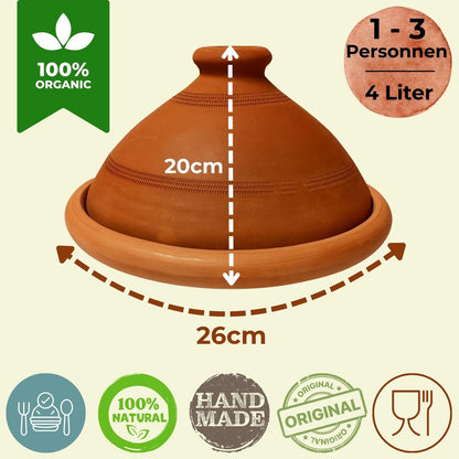 Tajine, original from Morocco, including cookbook North African cuisine, clay pot for cooking, Tuareg Ø 26cm, for 1-3 people, handmade from Marrakesh, free of pollutants.