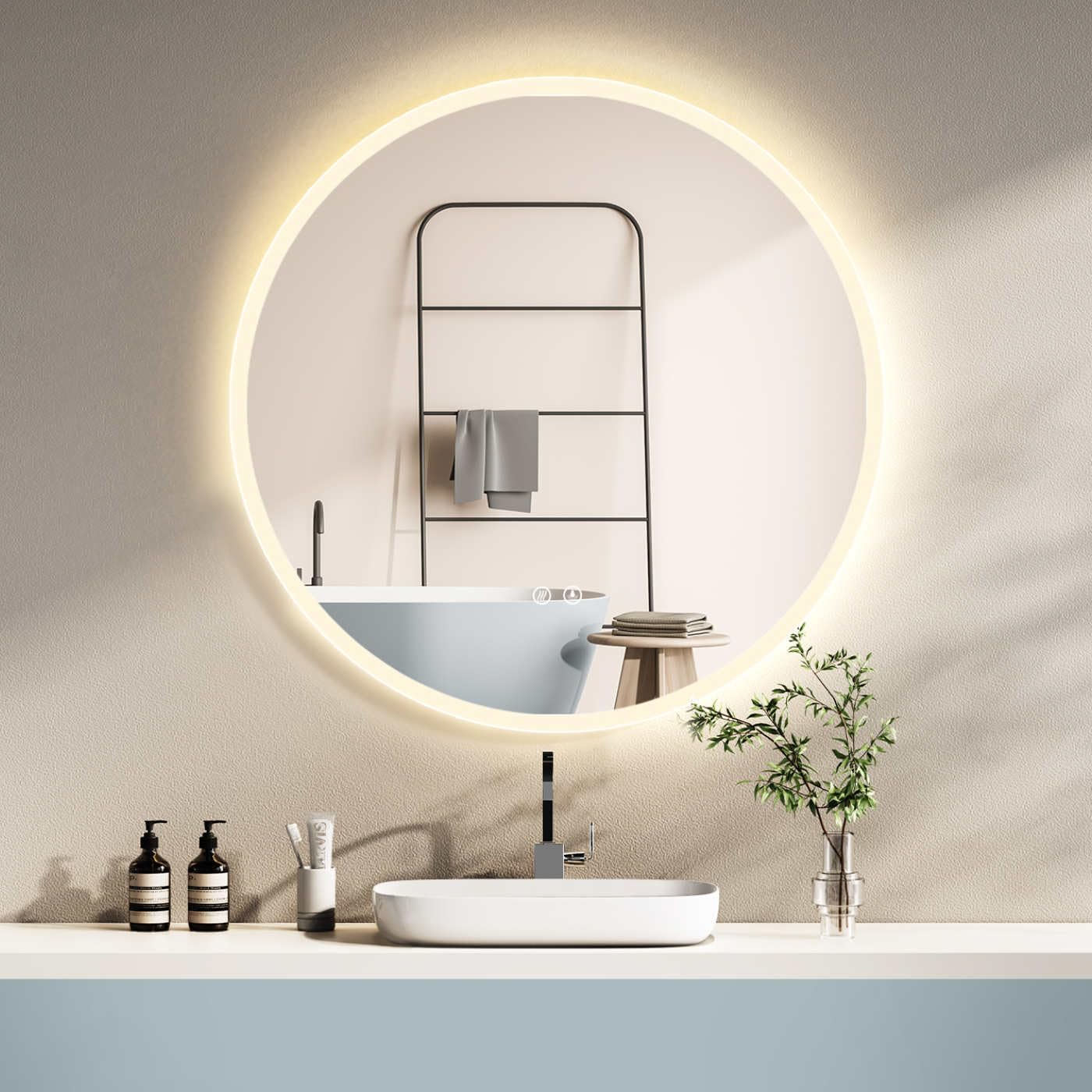 HOKO bathroom mirror 60cm ULM, with ANTI-FOG MIRROR HEATING, round bathroom mirror with LED lighting and with touch switch + LED change - Warm White - Cool White - Neutral.