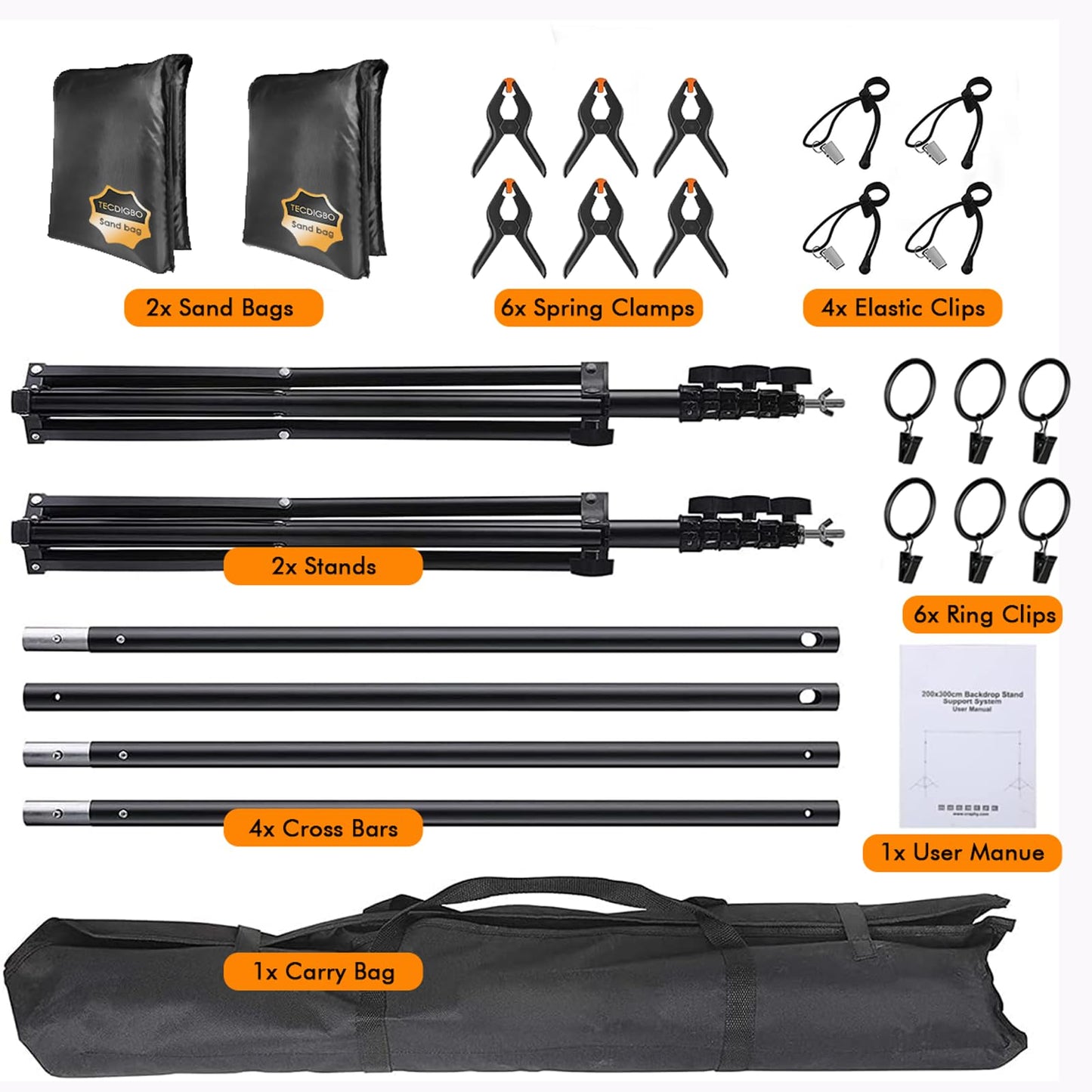 2.6x3m Photo Studio Background System Adjustable Photo Background Stand Set for Photography Party with 1 Carrying Bag, Support System Stand for Photos, Videos, Studio, 6 Spring Clamps, 2 Sandbags