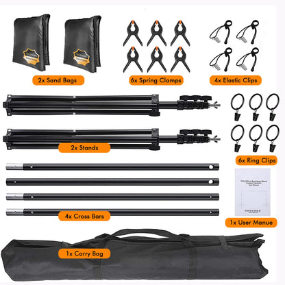 2.6x3m Photo Studio Background System Adjustable Photo Background Stand Set for Photography Party with 1 Carrying Bag, Support System Stand for Photos, Videos, Studio, 6 Spring Clamps, 2 Sandbags