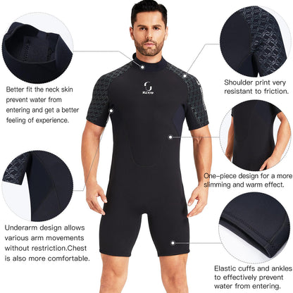 Women's Back Zip Shorty Wetsuit Men's 3mm Neoprene Short Sleeve for Surfing Swimming Kayaking Snorkeling Canoeing Diving (Men's Black, 4XL)
