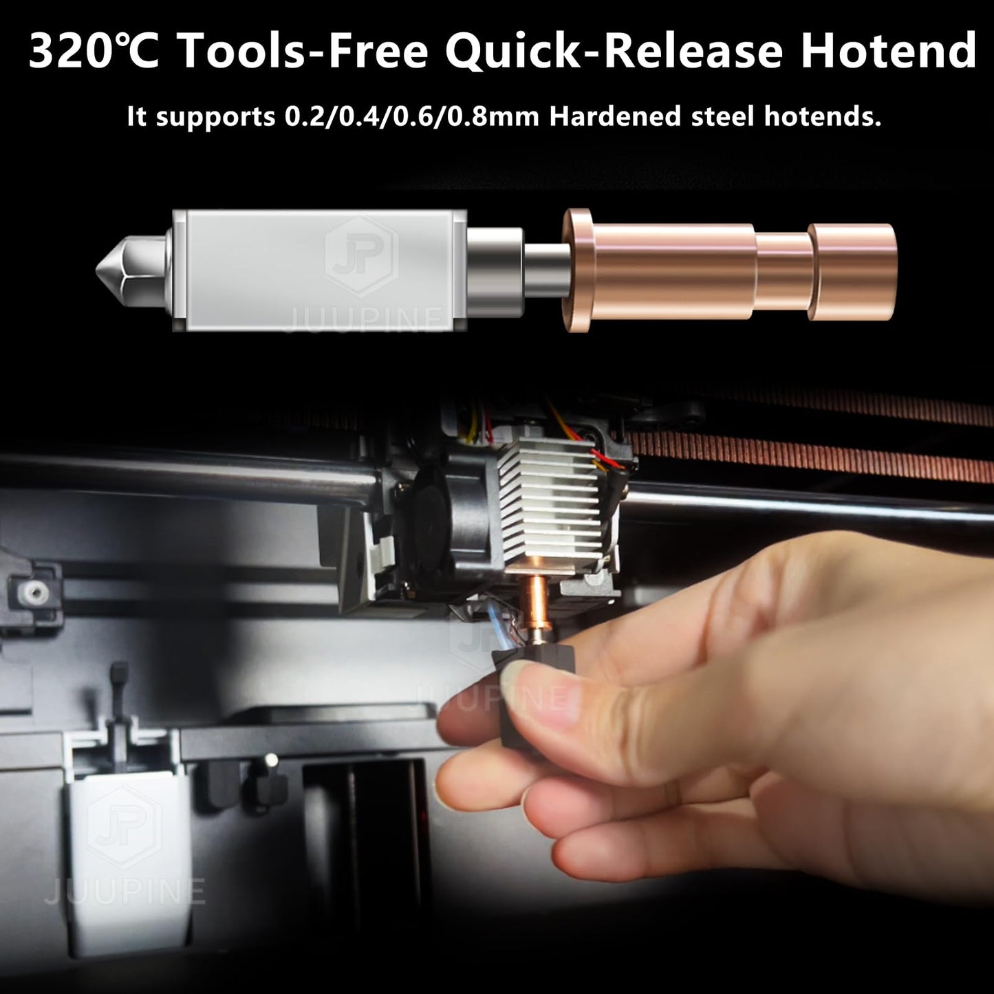 JUUPINE 3D Printer Upgraded Fast Heating Kobra S1 Extruder Ceramic Heating Tube Hot End Kit includes 4 hardened steel nozzles (0.2/0.4/0.6/0.8) and 2 silicone socks.