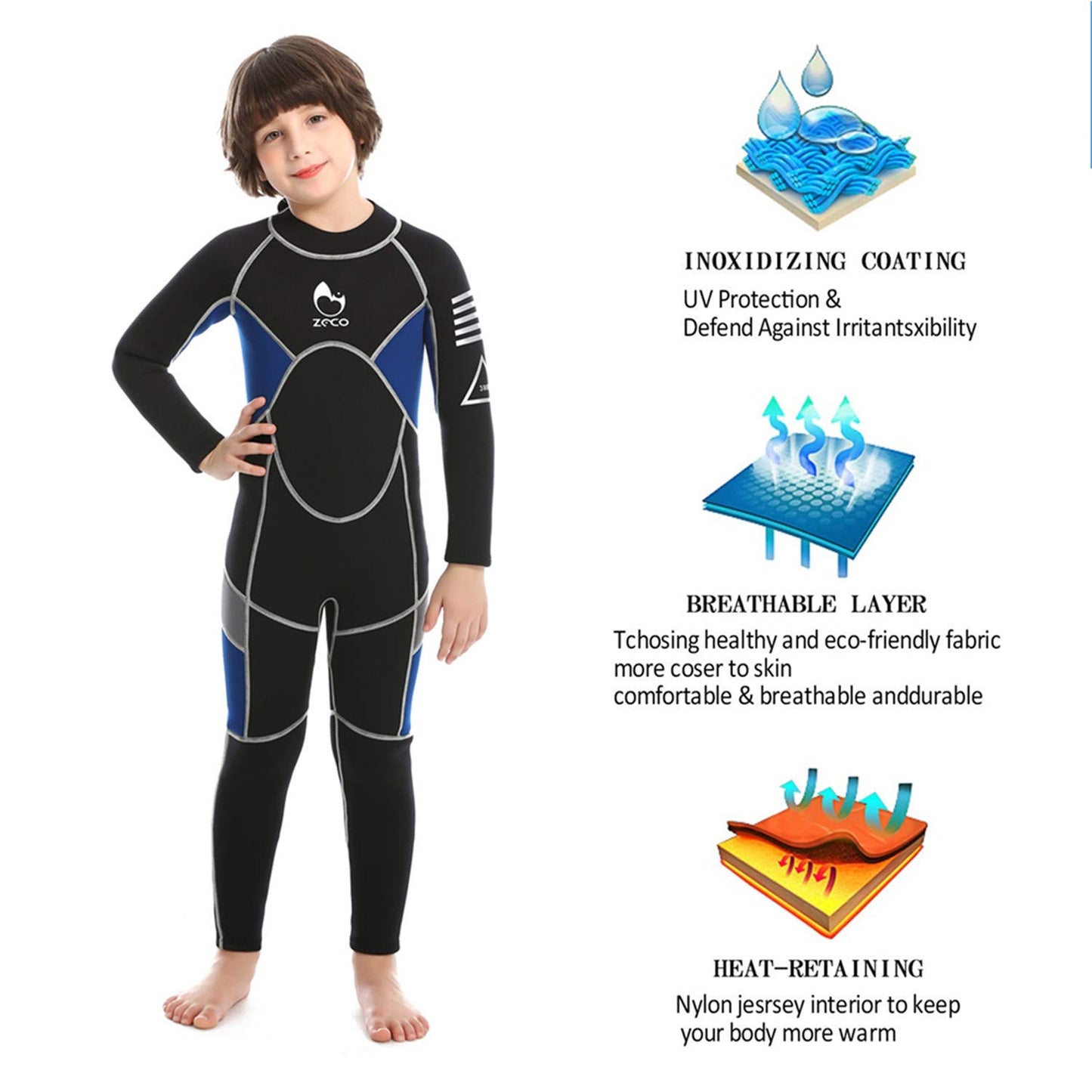 ZCCO Kids 2.5mm Neoprene Thermal Wetsuit, youth swimsuit for boys and girls with long sleeves for diving, swimming, surfing... (Blue, M)