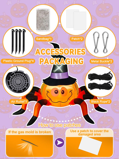 Kalolary 6.5FT Inflatable Pumpkin Spider with Witch Hat - Halloween decoration for indoor and outdoor use