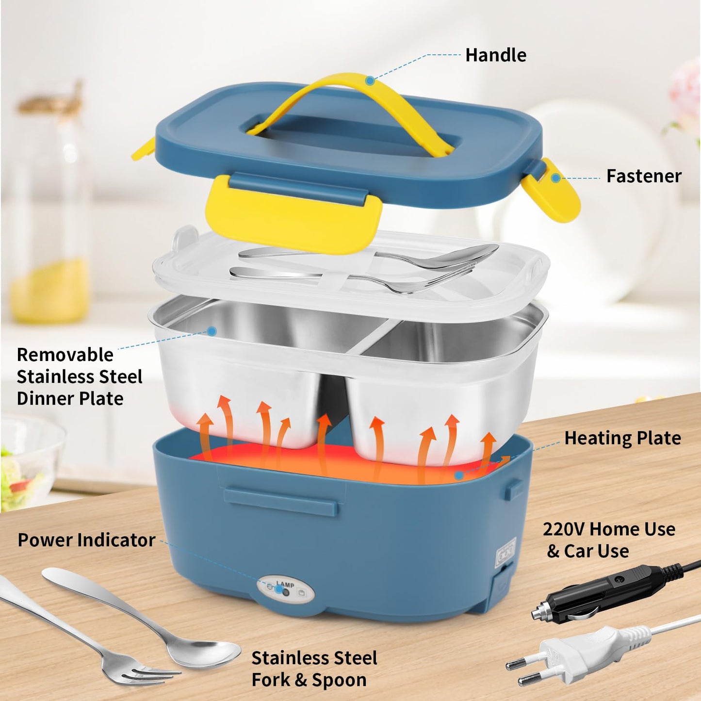 Electric lunch box food warmer for car 3 in 1 (12V/24V/220V) 1.5L with fork spoon 80W detachable stainless steel heating electric lunch box portable food container for truck household camping