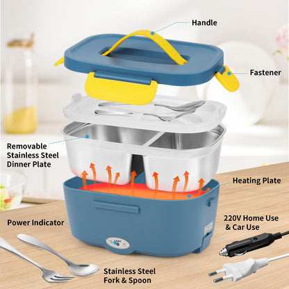 Electric lunch box food warmer for car 3 in 1 (12V/24V/220V) 1.5L with fork spoon 80W detachable stainless steel heating electric lunch box portable food container for truck household camping
