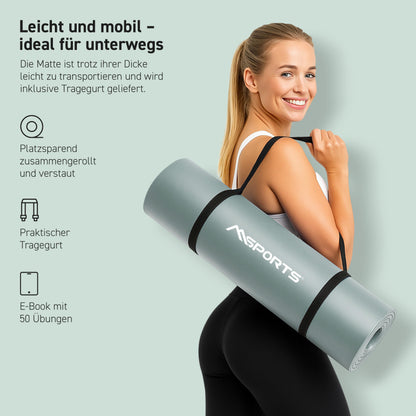 MSPORTS Gymnastics Mat Premium including carrying strap + exercise poster + workout app I Skin-friendly fitness mat 190 x 60 x 1.5 cm - Stone Gray - Phthalate-free yoga mat