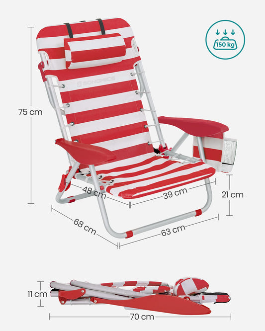 SONGMICS beach chair, camping chair, foldable, with shoulder strap, adjustable backrest, headrest, armrest, 2 side pockets, red and white GCB062R01