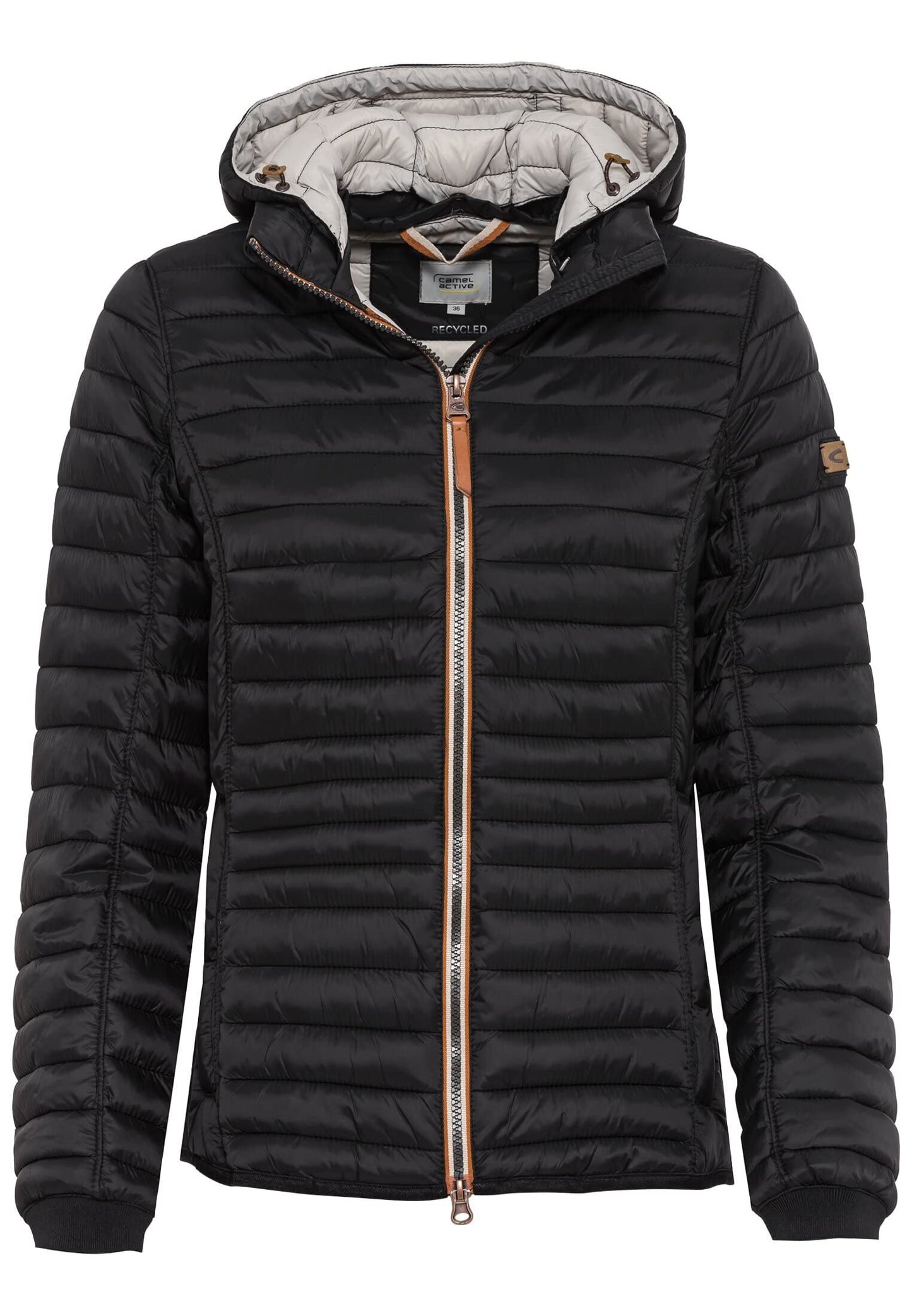 camel active women's lightweight quilted jacket with removable hood in black, size 44.
