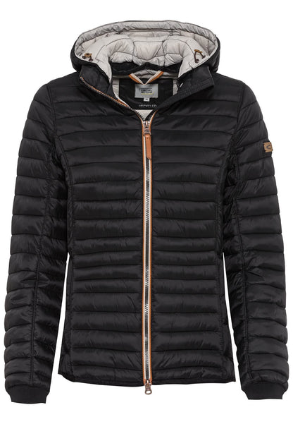 camel active women's lightweight quilted jacket with removable hood in black, size 44.
