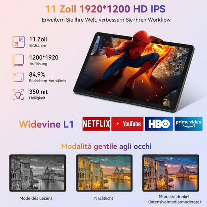 TABWEE Android 15 tablet with keyboard - 24GB RAM+128GB ROM+2TB TF, Octa Core, gaming tablet 11 inches, Widevine L1, 1920x1200 FHD+IPS, 8000mAh battery, Gemini AI, 13MP+5MP AI camera, Face ID, 5G WiFi, GPS.