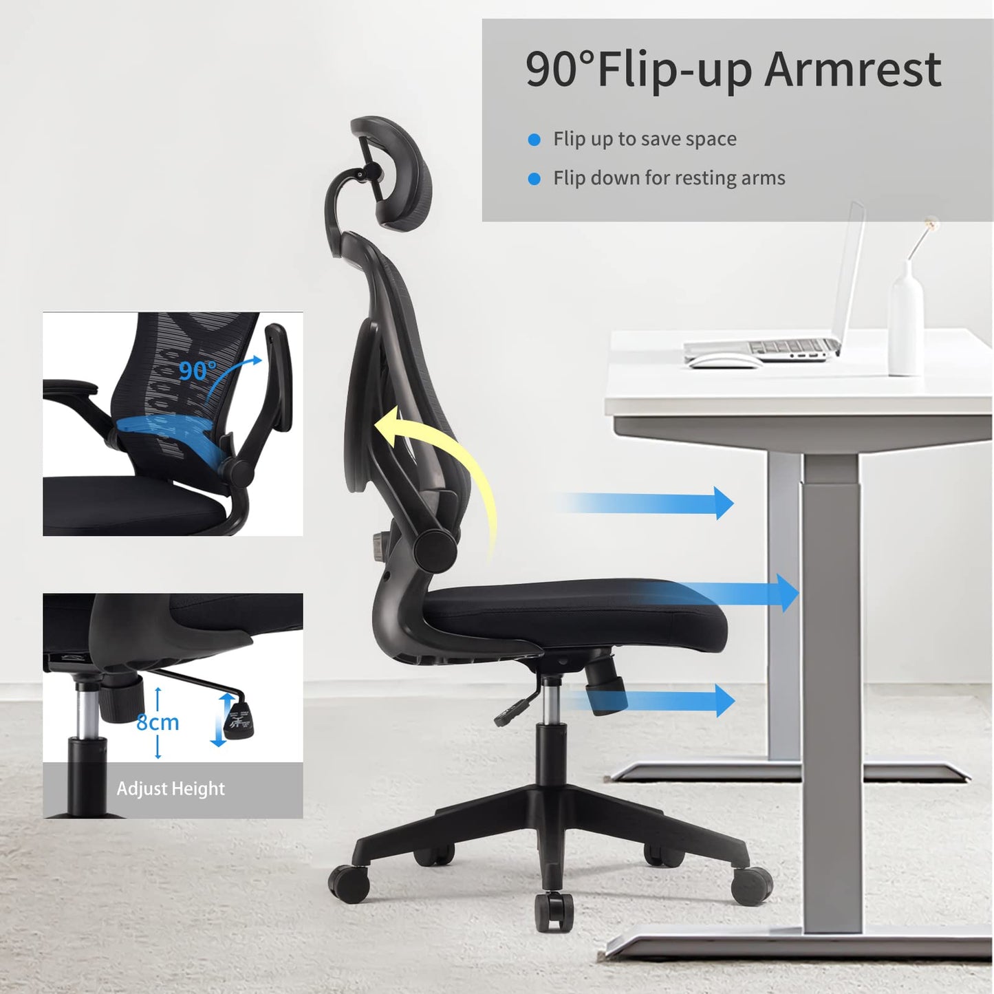 Magic Life Office Chair Ergonomic Computer Adjustable Desk Chair, adjustable lumbar support with thickened cushion, 3D headrest & Comfortable armrest Computer Chair (135 x 65 cm)