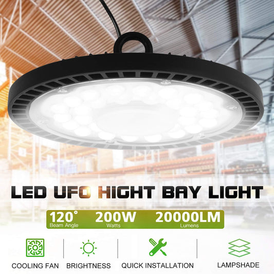 Jefedana 200W LED High Bay Light, 20000LM UFO Workshop Lamp IP65 Industrial Lamp, 6500K Cold White Warehouse Lighting for Workshops Industrial Factory Halls