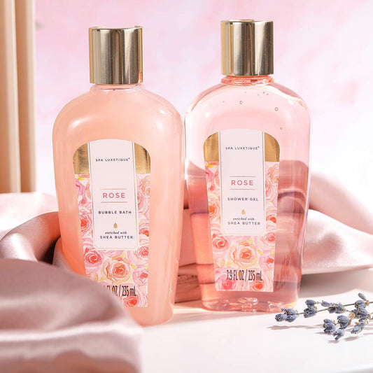 SPA LUXETIQUE Wellness Set for Women - 8pc Rose Scent Bath Gift Set for Women, Birthday Gift Beauty Set with Decorative Bathtub, Valentine's Day Gift, Mother's Day Gift, Gifts for Women