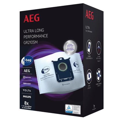 AEG GR210SM s-bag Ultra Long Performance Vacuum Cleaner Bag MegaPack (8 XXL Synthetic Dust Bags, 1 Motor Filter, 1 Micro Filter, Optimal Filtration & Suction Power, Hygiene Closure, 5 Liters, White)