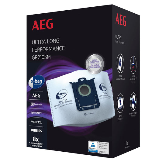 AEG GR210SM s-bag Ultra Long Performance Vacuum Cleaner Bag MegaPack (8 XXL Synthetic Dust Bags, 1 Motor Filter, 1 Micro Filter, Optimal Filtration & Suction Power, Hygiene Closure, 5 Liters, White)