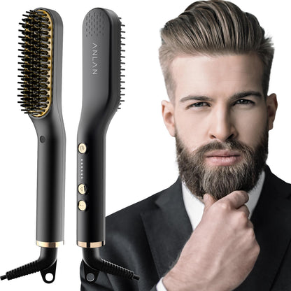 ANLAN 2 in 1 beard straightener for men and mini hair straightener, 5-level temperature (120-200°C), 30s quick heated, Ionic hair beard straightener brush for styling beard and hair.