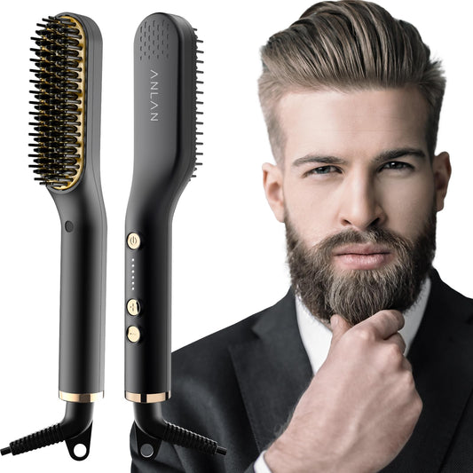 ANLAN 2 in 1 beard straightener for men and mini hair straightener, 5-level temperature (120-200°C), 30s quick heated, Ionic hair beard straightener brush for styling beard and hair.