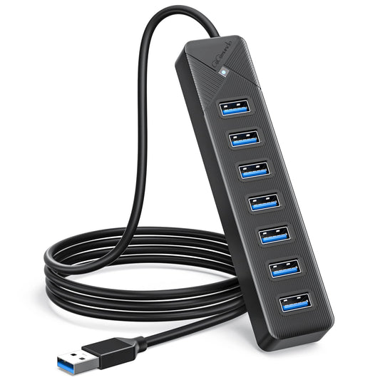 GiGimundo PG7U USB Hub 3.0, 7-Port USB Splitter, 1m Cable with 5V/3A Power Input, Multi USB Adapter for PC Laptop, older MacBook, PS4, PS5, Flash Drive, Keyboard, Mouse GGM-PG7U-U3-10-BK-EU
