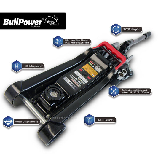 BullPower BP600K Jack - Hydraulic 2250kg Low Profile Trolley Jack for lowered vehicles with LED lighting and socket nuts.