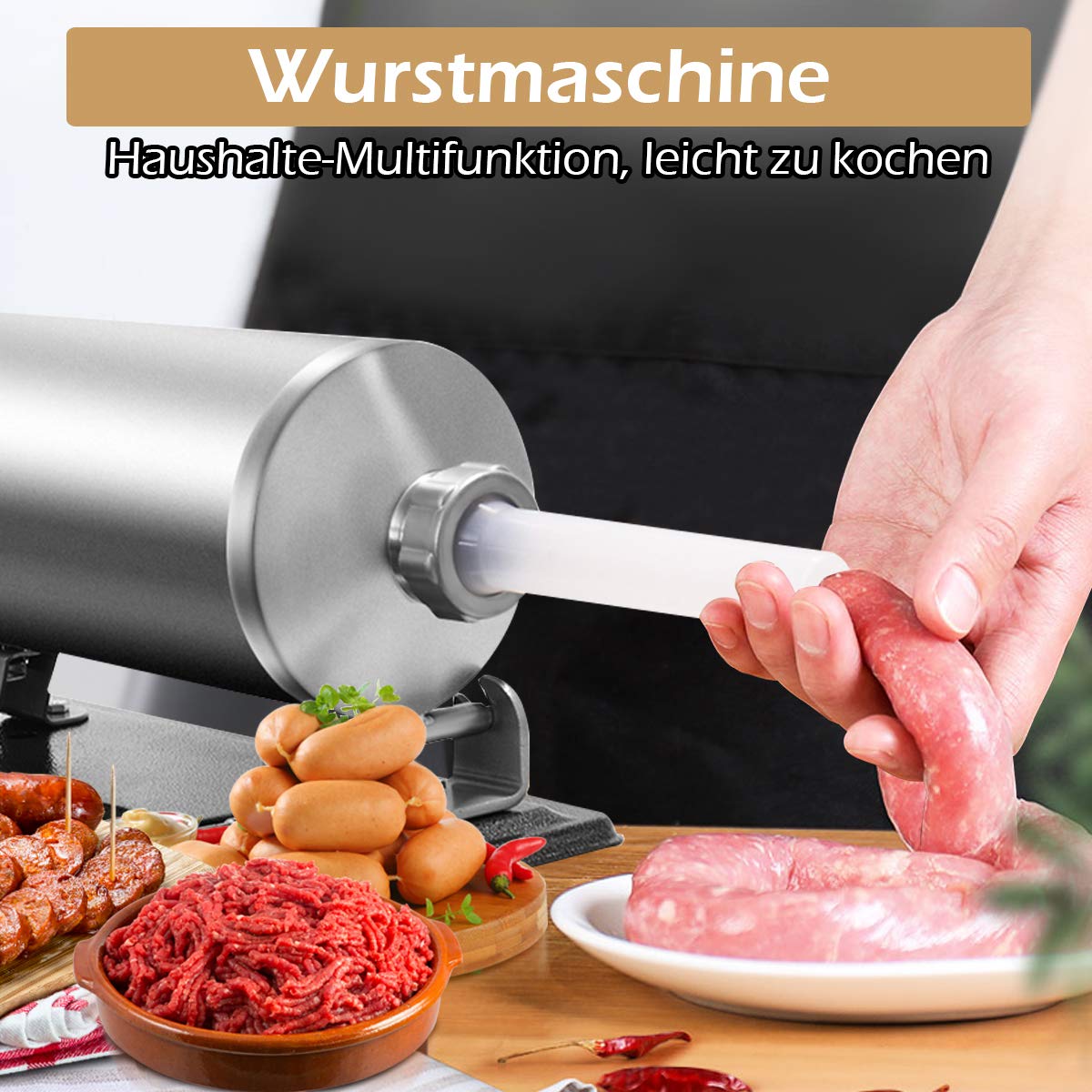 COSTWAY 2.5kg/3kg/4kg manual sausage stuffer, stainless steel sausage machine, sausage filling machine with 4 filling tubes silver, sausage press with table clamp, sausage syringe silver (4KG)