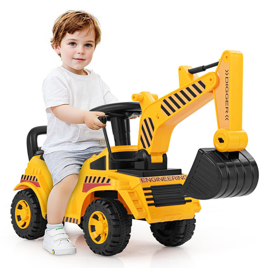 COSTWAY Ride-On Excavator for Kids, with Adjustable Shovel & Storage Space under the Seat, Excavator with Engine Sound & Tipping Protection, Ride-On Excavator for Children aged 1 year+