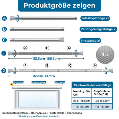 AIZESI Curtain Rod without drilling 113-197cm Telescopic Rod Curtain Rod Shower Curtain Rod Tension Rod Adjustable Curtain Rod Clamp Rod for Curtains, Bathroom - Silver (Diameter 22mm)