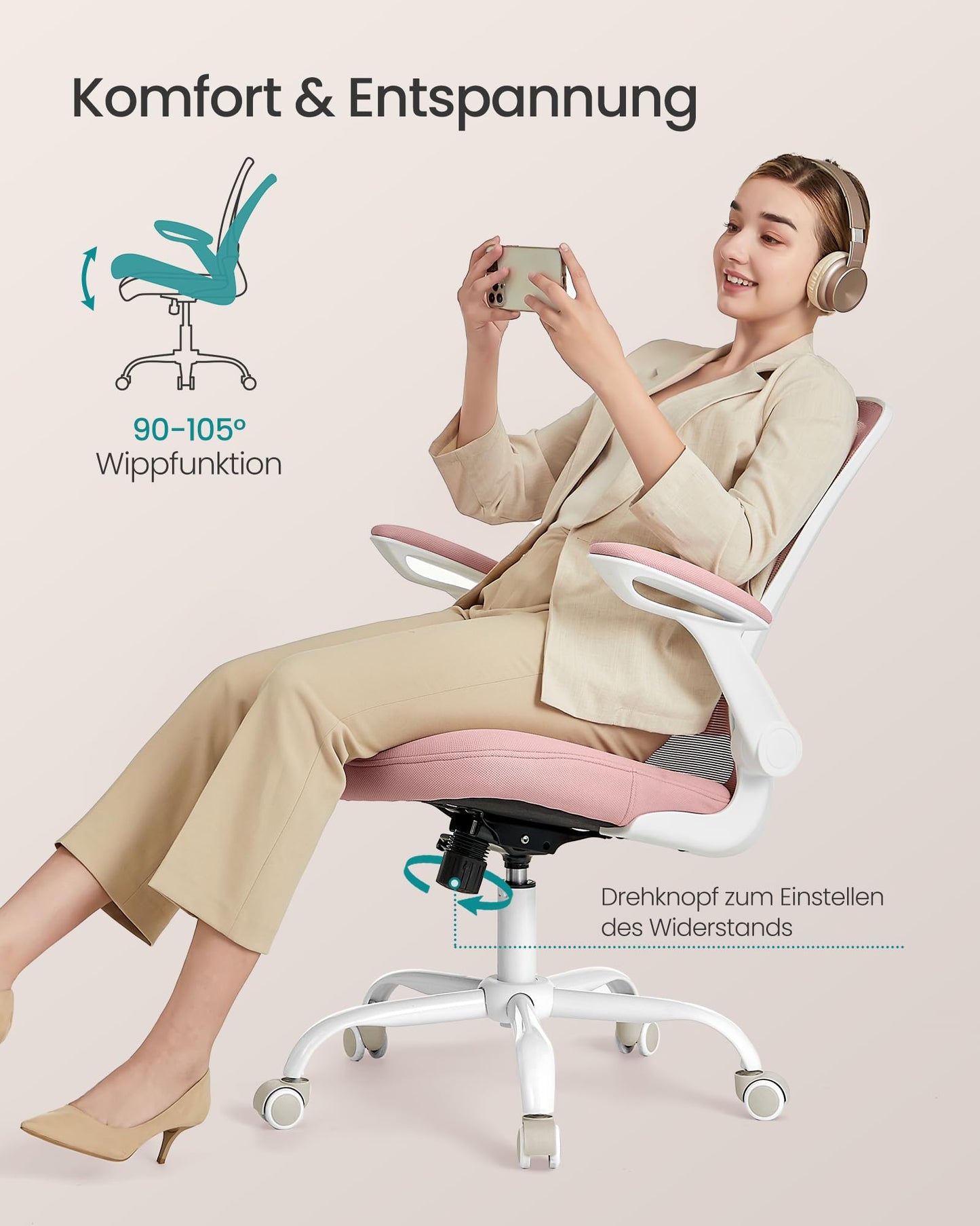 SONGMICS Office Chair, Desk Chair, ergonomic backrest, adjustable height, foldable armrests, swivel chair, up to 120 kg load capacity, pastel pink OBN037R01
