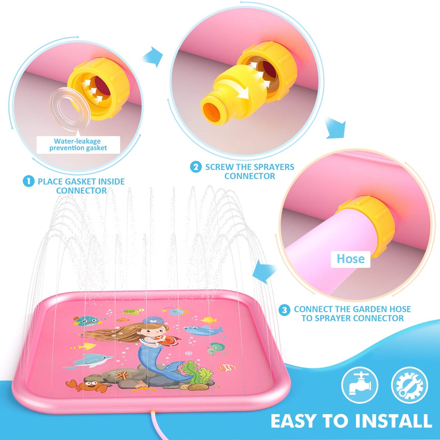 Peradix Splash Pad, 170CM sprinkler water play mat anti-slip splash play mat summer outdoor garden kids toy sprinkler pool for baby party 3-12 boys and girls
