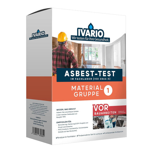 IVARIO Asbestos test including MMM for insulation boards, Eternit, linoleum, window putty, cement, PVC, seals, Baufatherm, bitumen adhesive, cushion vinyl, and more.