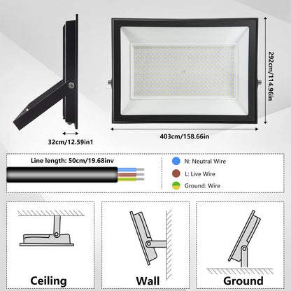 loyal 300W LED floodlight outdoor, 30000LM super bright LED spotlight, 6000K cool white industrial floodlight, IP66 waterproof outdoor lamp, LED outdoor floodlight for garden, sports field, garage