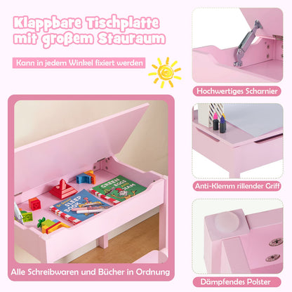 DREAMADE Kids Desk with Chair, Wooden Student Desk, Youth Desk, Children's Table, Kids Desk with Paper Roll Holder & Storage Space, Paper Roll and Markers Included (Pink)