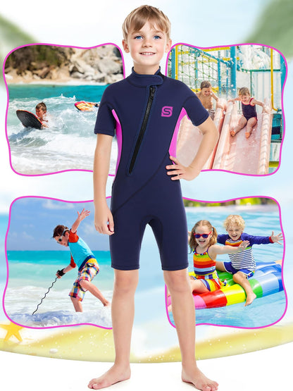 Summhall kids neoprene wetsuit, 2MM neoprene shorty for boys and girls. Thermal diving suit with ultra stretch wetsuits for water sports.