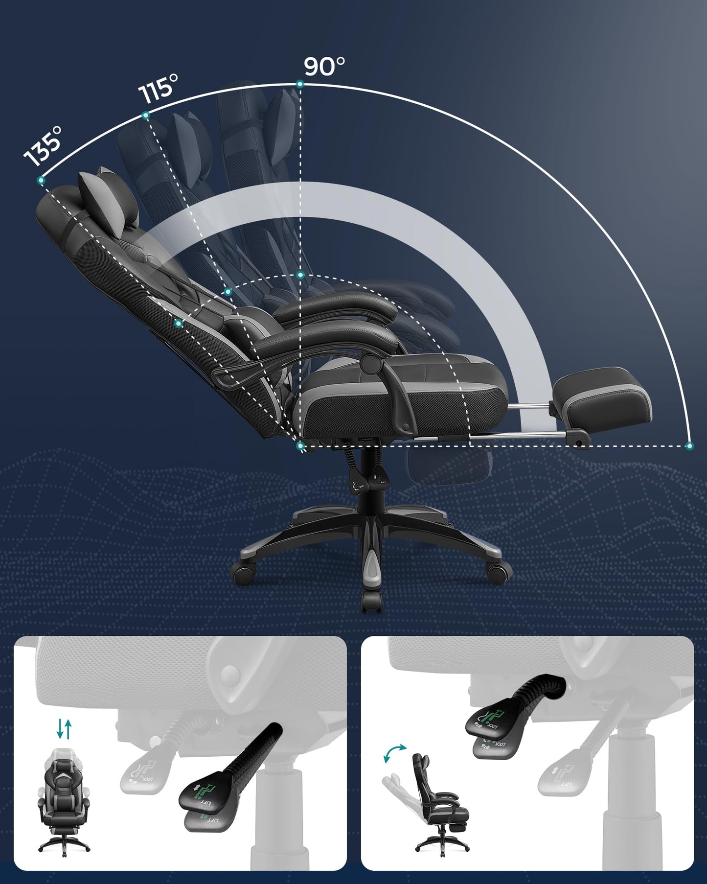 SONGMICS Gaming Chair, Office Chair with Footrest, Desk Chair, ergonomic design, adjustable headrest, lumbar support, up to 150 kg capacity, black-grey OBG77BGG