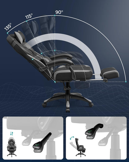 SONGMICS Gaming Chair, Office Chair with Footrest, Desk Chair, ergonomic design, adjustable headrest, lumbar support, up to 150 kg capacity, black-grey OBG77BGG