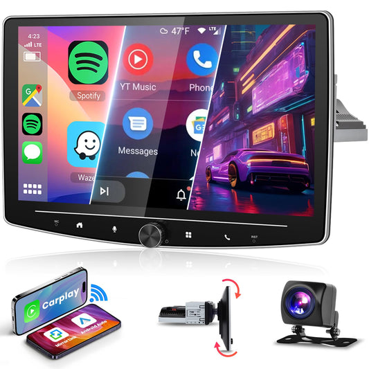 2+32G, 10" Car Radio Bluetooth 1 Din Wireless Carplay Android Auto with Navigation Swing Touchscreen Physical Button, Podofo Android FM RDS Radio HI-FI Sound with Dual USB MIC with Rearview Camera AHD
