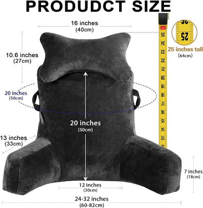Reading pillow with removable neck roll & higher support arm for sitting in bed, couch, or floor. Backrest pillow for adults for reading, watching TV. Black.