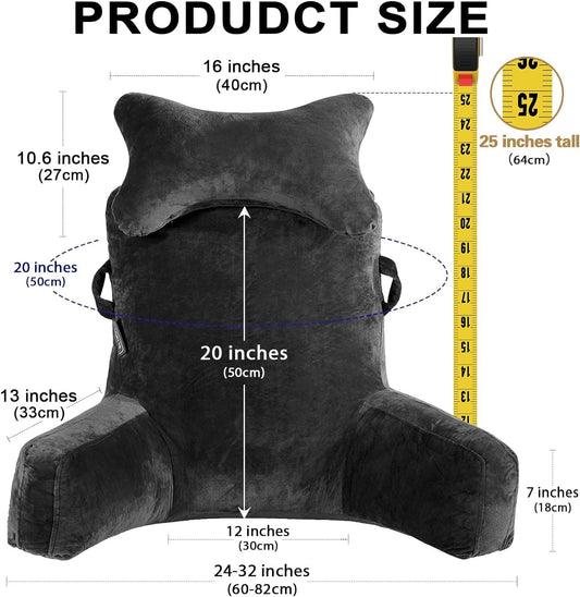 Reading pillow with removable neck roll & higher support arm for sitting in bed, couch, or floor. Backrest pillow for adults for reading, watching TV. Black.
