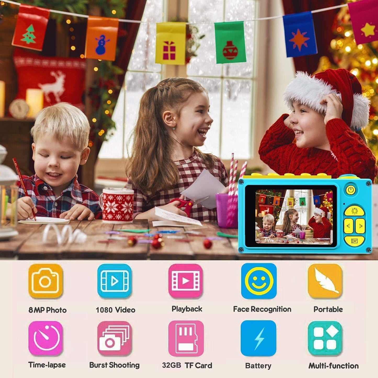 Kriogor Camera Kids, waterproof kids digital camera and video camera with HD 1080P/8MP/2 inch screen/32G TF card, gifts for kids (Blue)
