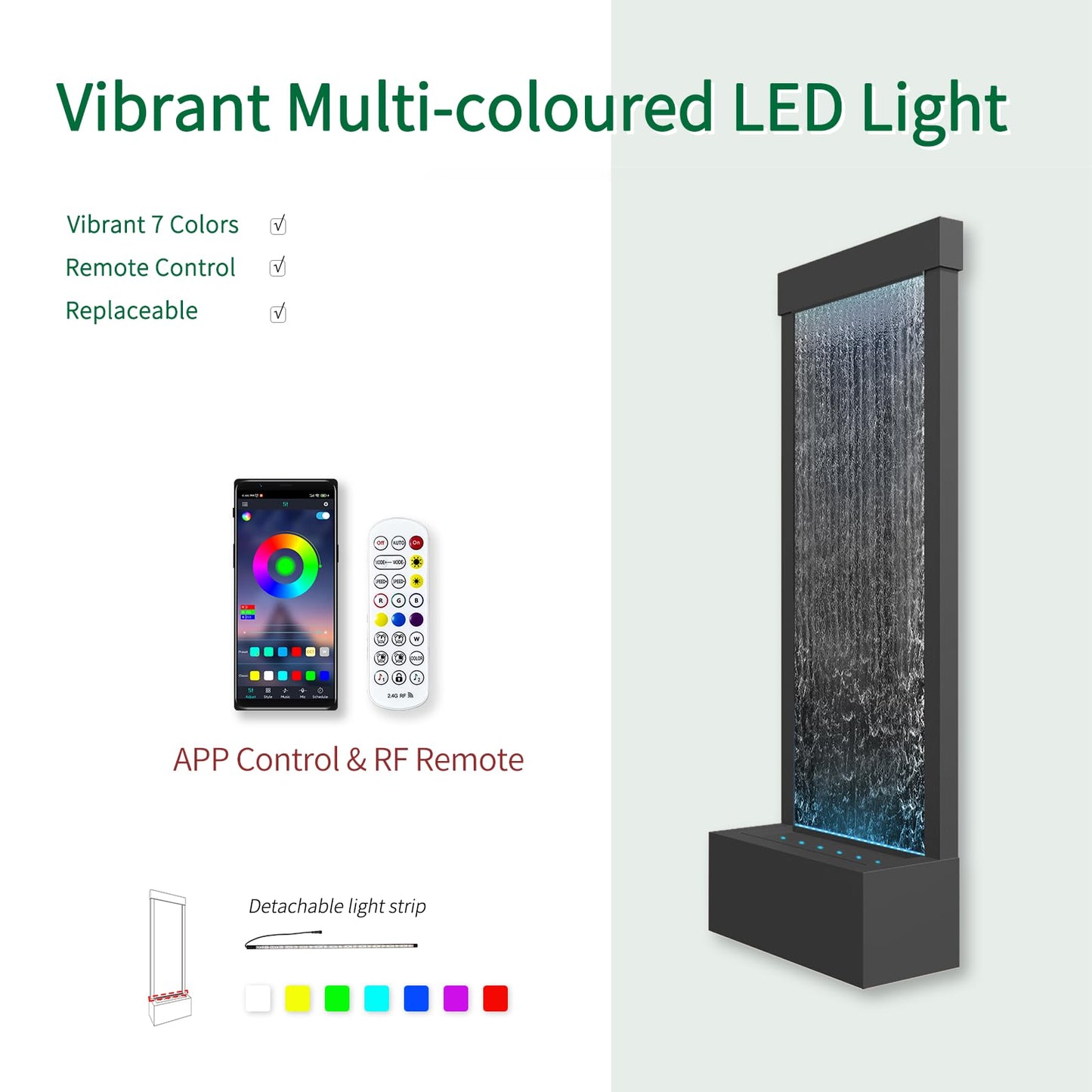 LONGRUN Garden Fountain Large, Indoor Waterfall Fountain with APP Control LED Lighting, 45.5x20x123cm Stainless Steel Garden Water Wall with Pump, Modern Decorative Fountain Waterfall - Black