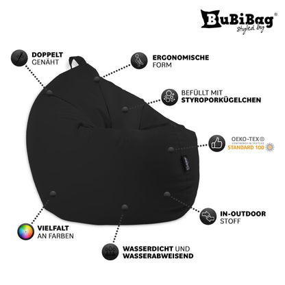 BuBiBag Premium 2-in-1 bean bag with filling for kids & adults | for outdoor & indoor use | seat cushion floor pillow | play & relax | water and dirt repellent (Black, 100 cm)