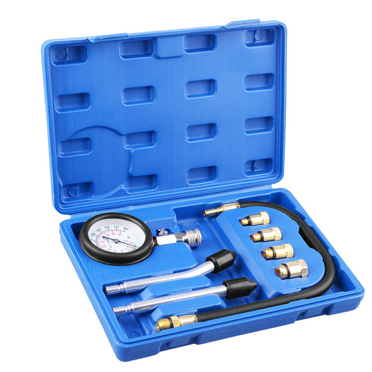 DAYUAN compression tester set for checking engine compression in vehicles. Compatible with M10, M12, M14, and M18 threads, with a range of 0-20 bar & 0-300 psi.